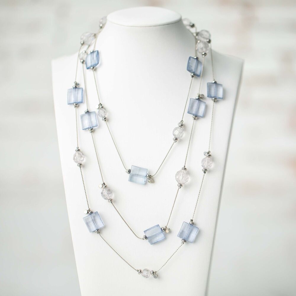 Long Blue Clear Beaded Necklace Silver Tone Layered Statement Jewelry